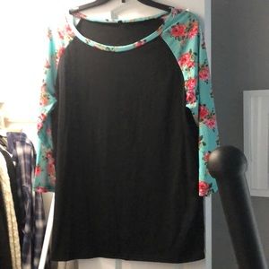 Floral Black Jersey 3/4 Sleeve Tee NEW